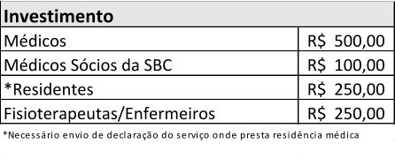 Médicos 500,00 R$    Médicos Sócios da SBC 100,00 R$    *Residentes 250,00 R$    Fisioterapeutas/Enfermeiros 250,00 R$    Investimento *Necessário envio de declaração do serviço onde presta residência médica